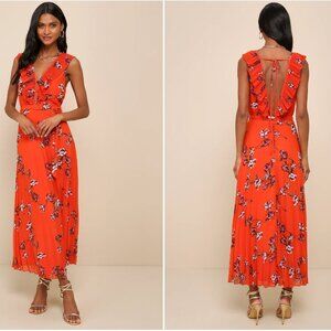 Loved By You Red Orange Floral Print Pleated Chiffon Maxi Dress
